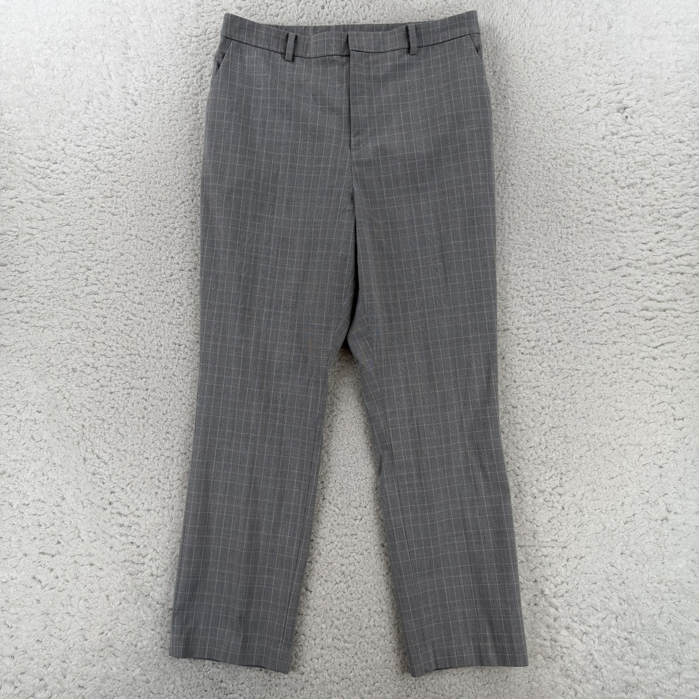Uniqlo Dress Pants Mens Large Elastic Gray Slim Fit Plaid Stretch Office Work